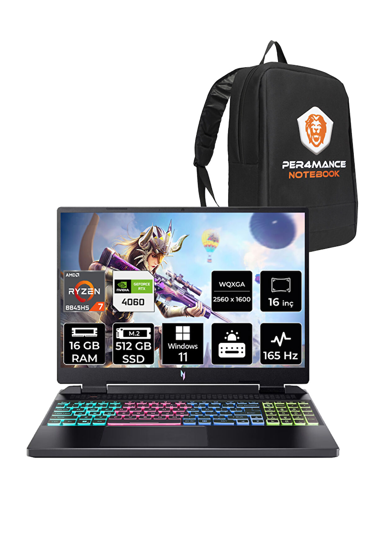 Acer Nitro 16 R7 8845HS 16GB 512GB SSD RTX4060/8GB 165Hz WQXGA 16" W11P Gaming Laptop & PER4 ÇANTA