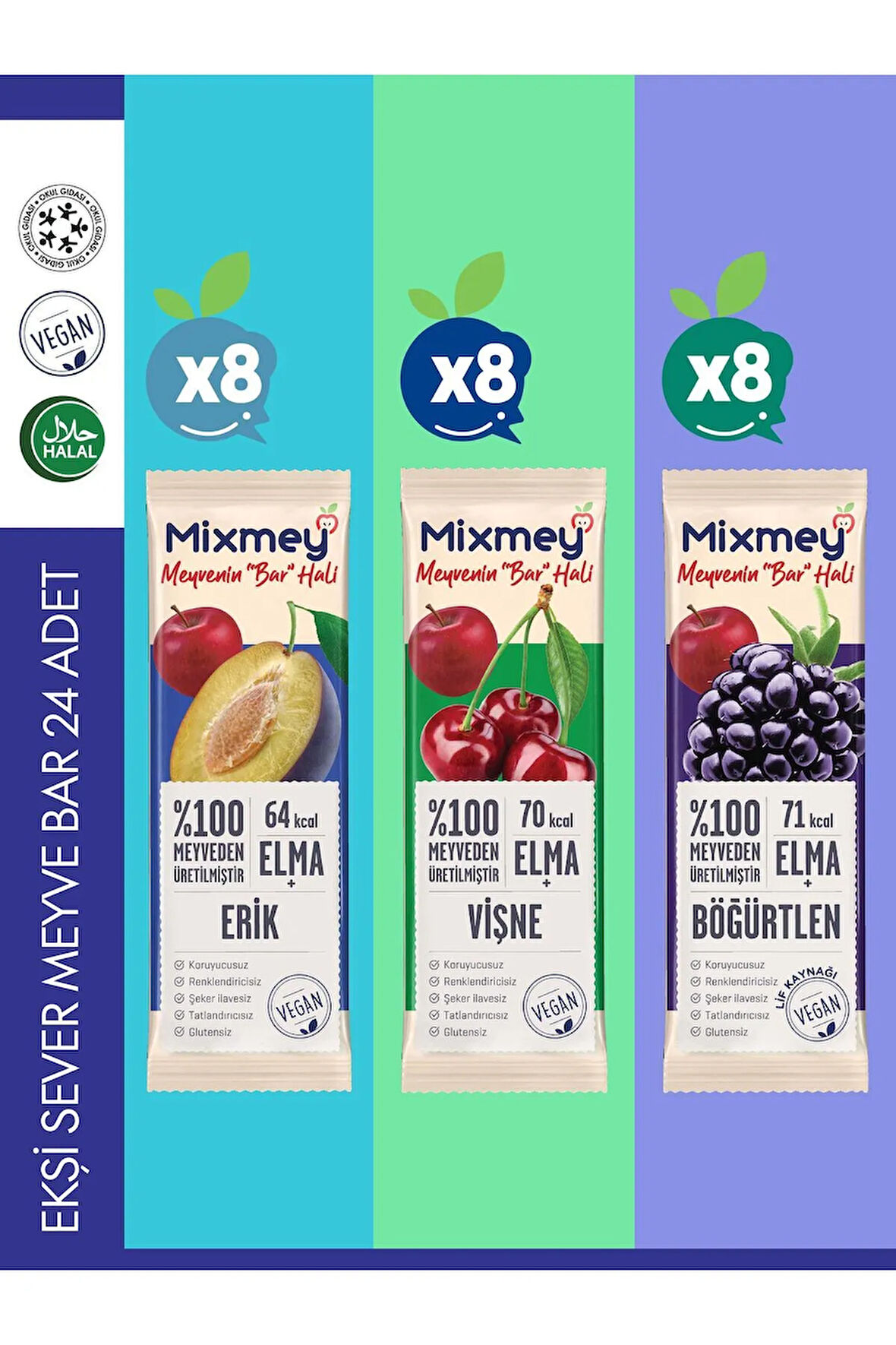 Mixmey Ekşi Sever Meyve Bar 24 Adet | Vegan,Glutensiz, Sağlıklı Vegan Atıştırmalık - 20gr X 24 Adet