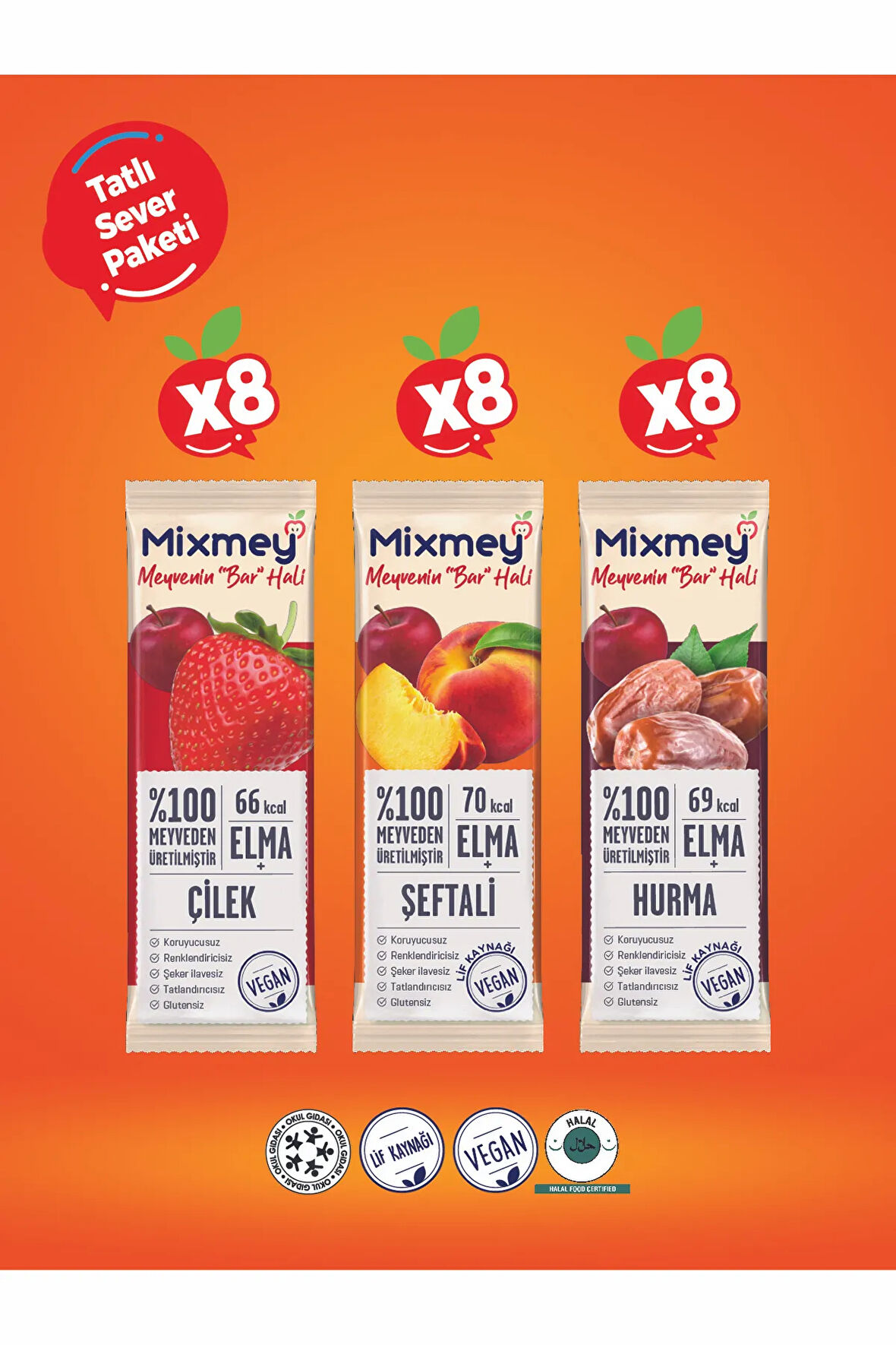 Mixmey Tatlı Sever Meyve Bar 24 Adet | Vegan,Glutensiz, Sağlıklı Vegan Atıştırmalık - 20gr X 24 Adet