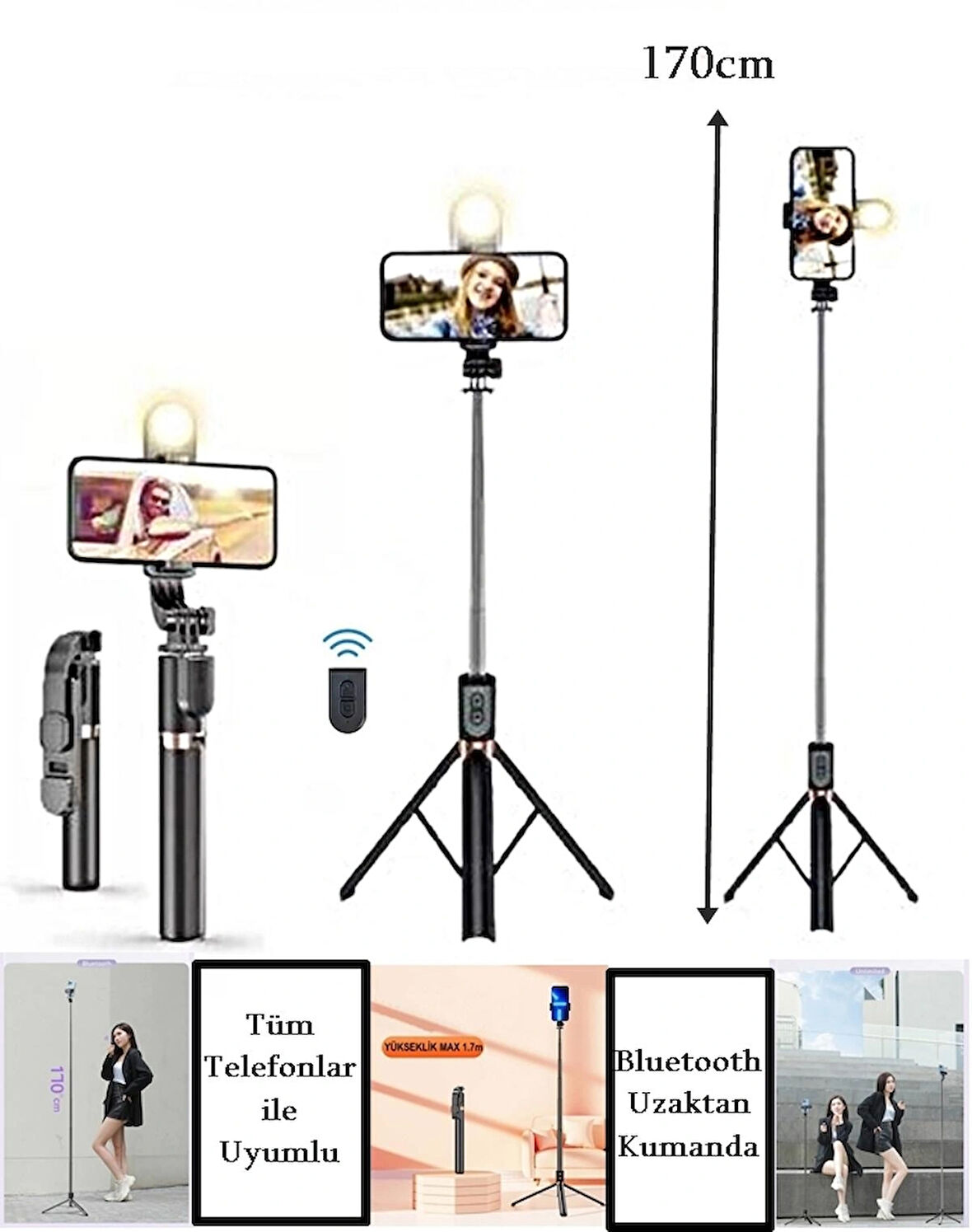 K9 Masaüstü Tripod Yüksekliği Ayarlanabilir Işıklı Kumandalı Selfie-Youtuber-Influencer Tripod 170cm