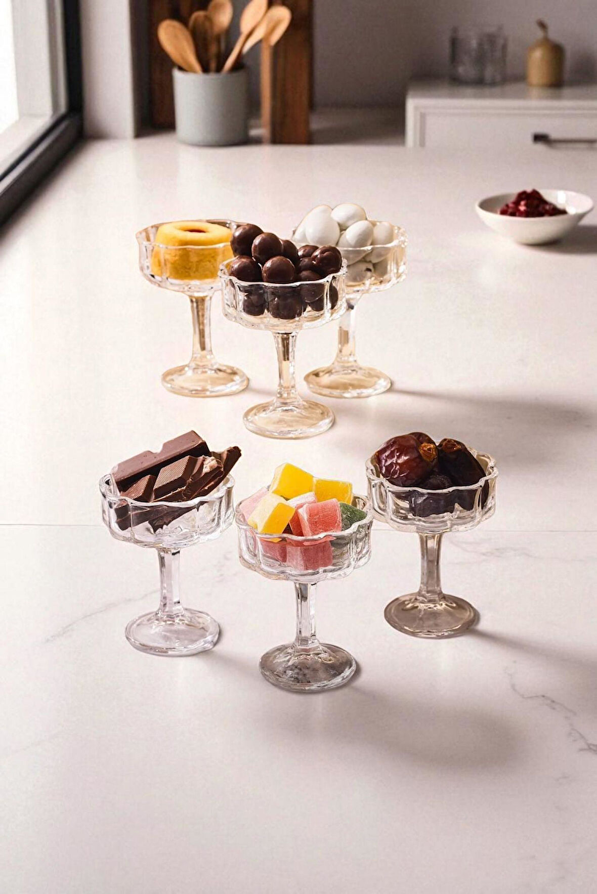 6'lı Cam Ayaklı Kahve Yanı Lokumluk Makaronluk Sunumluk - Kahvaltılık Mini Kase 50 ml