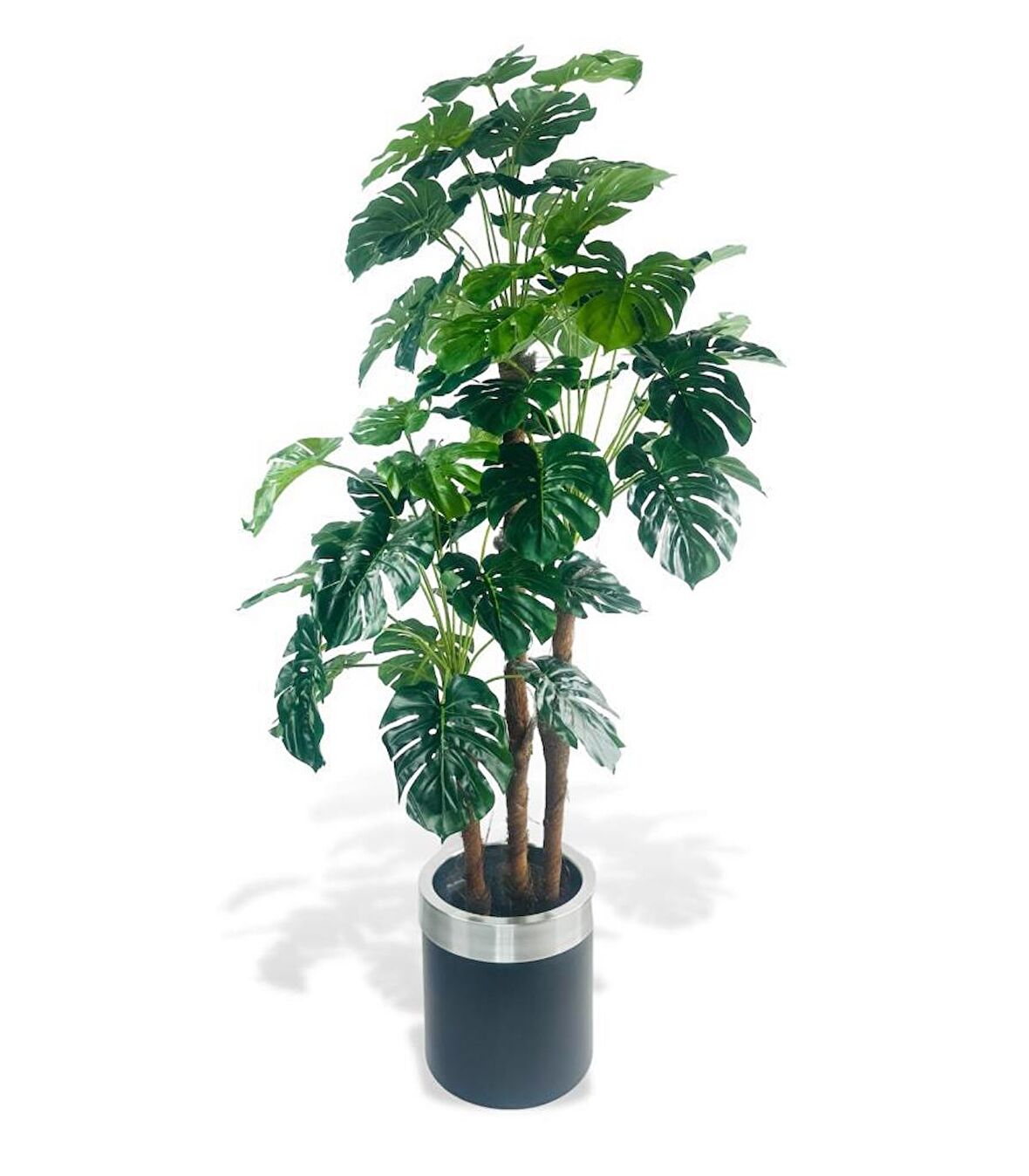 Yapay Çiçek Monstera Yeşil Deve Tabanı 3Katlı 135cm 54Yaprak Gümüş Kemerli Siyah Saksıda Yapay Bitki