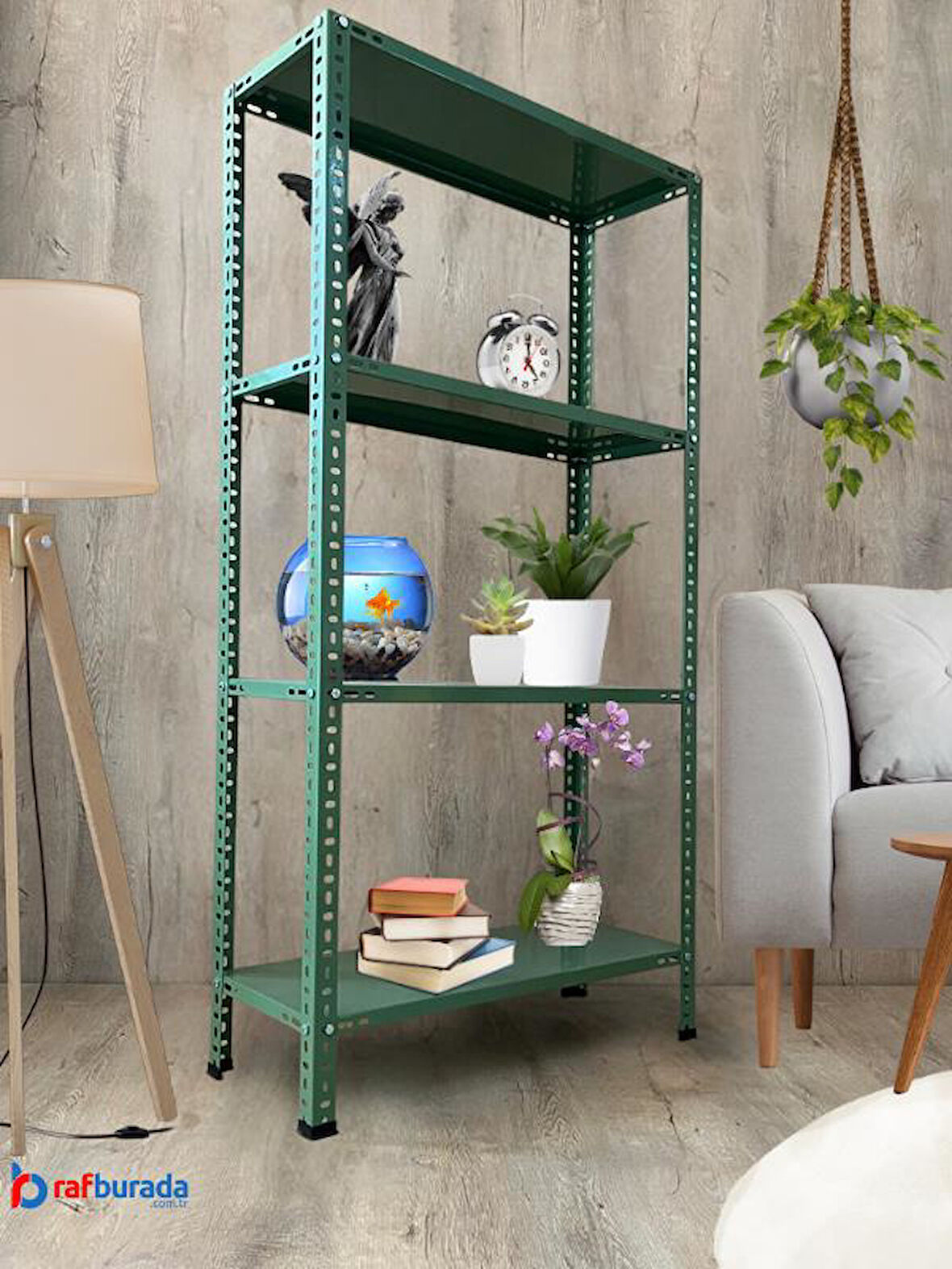 4 Katlı 31x75x150 cm Dekoratif Yeşil Çelik Raf