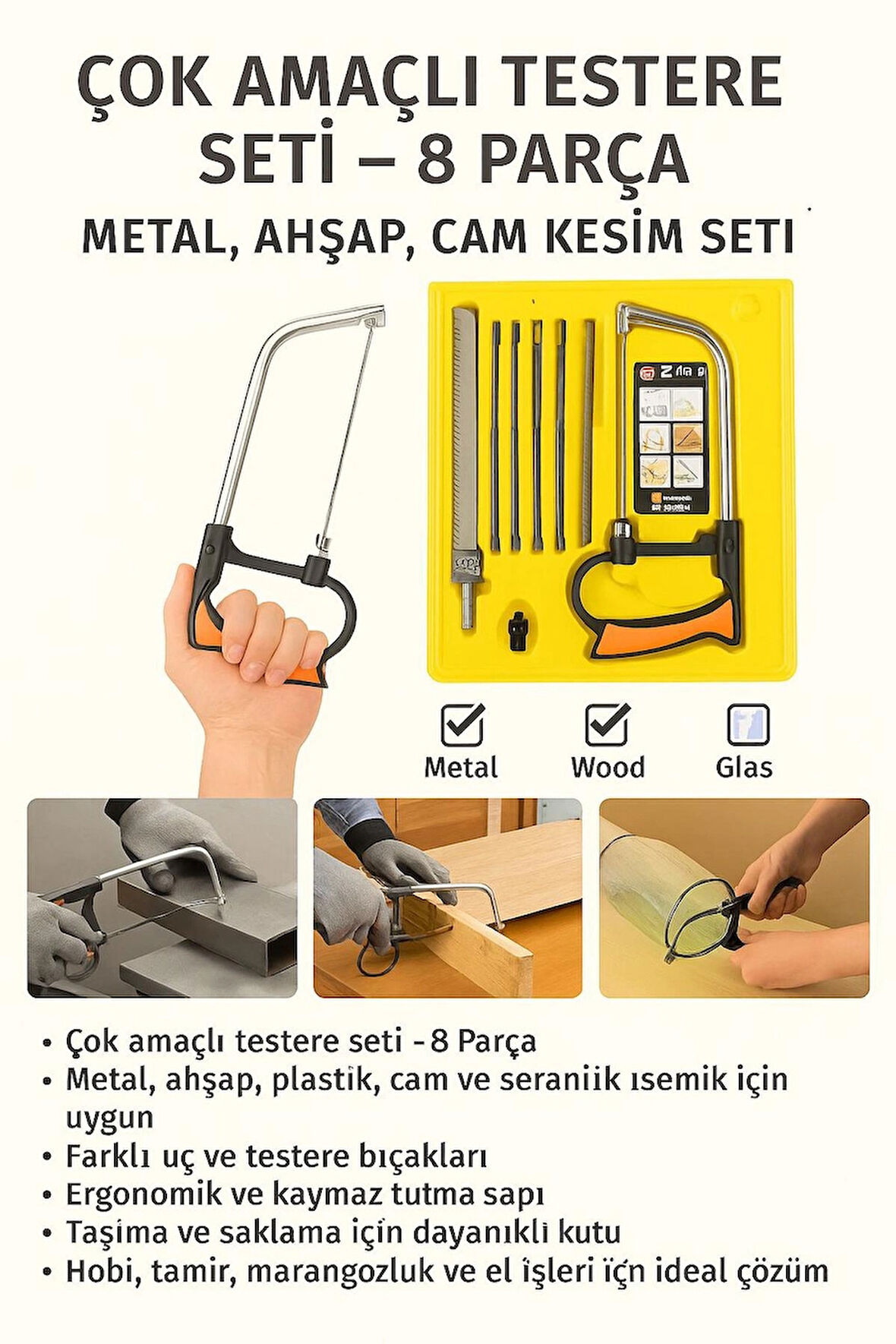 Çok Amaçlı Testere Seti – 8 Parça Metal, Ahşap, Cam Kesim Seti