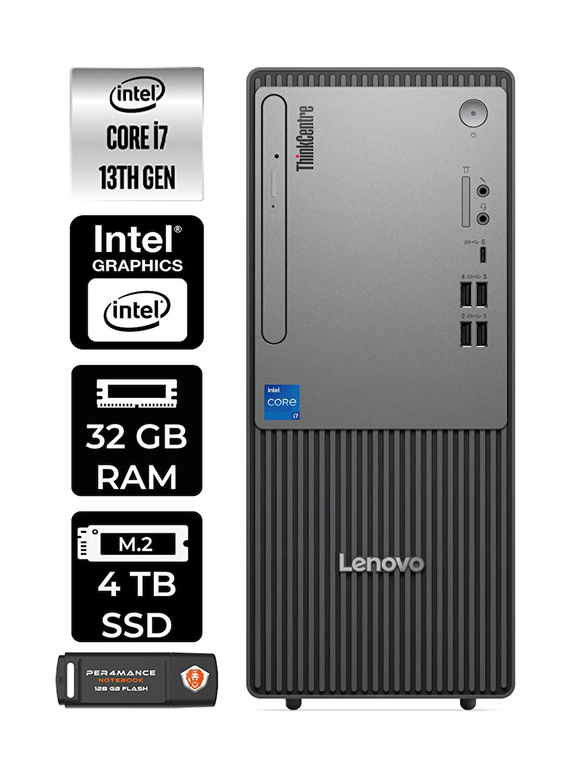 Lenovo ThinkCentre Neo 50T G5 i7 13700 32GB 4TB SSD FDOS Masaüstü Bilgisayar & PER4 USB Bellek