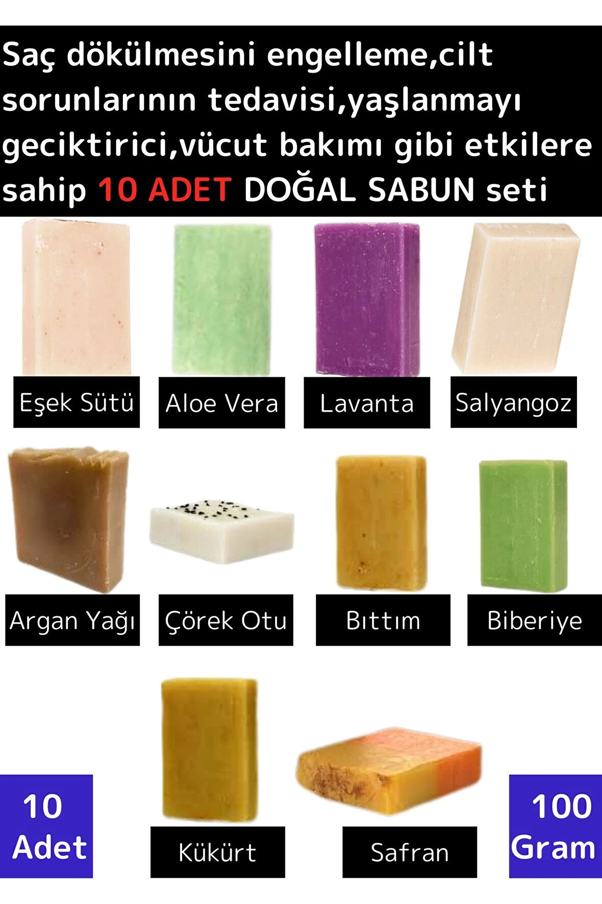 Organik %100 Saf Doğal Cilt Saç Vücuda Etkili 10 Adet Doğal Bitkisel Sabun Seti