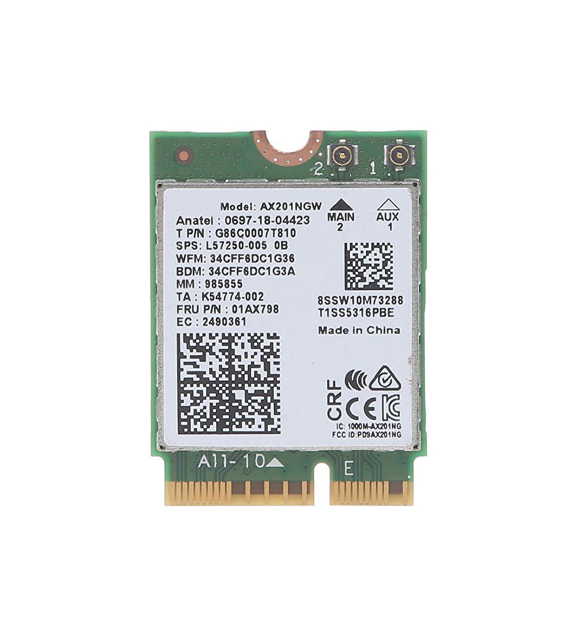 Intel Wi-Fi 6 AX201NGW 802.11ax 5GHz 3000 Mbps Notebook WiFi Card