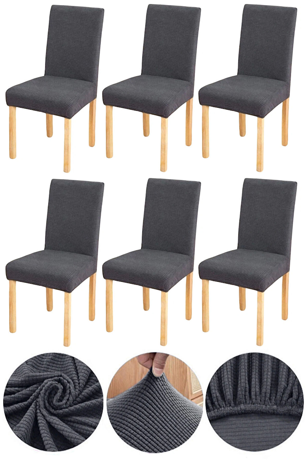 Bambu Nano Kumaş Likralı Yıkanabilir 6'lı Sandalye Kılıfı Lastikli Sandalye Örtüsü (6ADET) - FÜME 