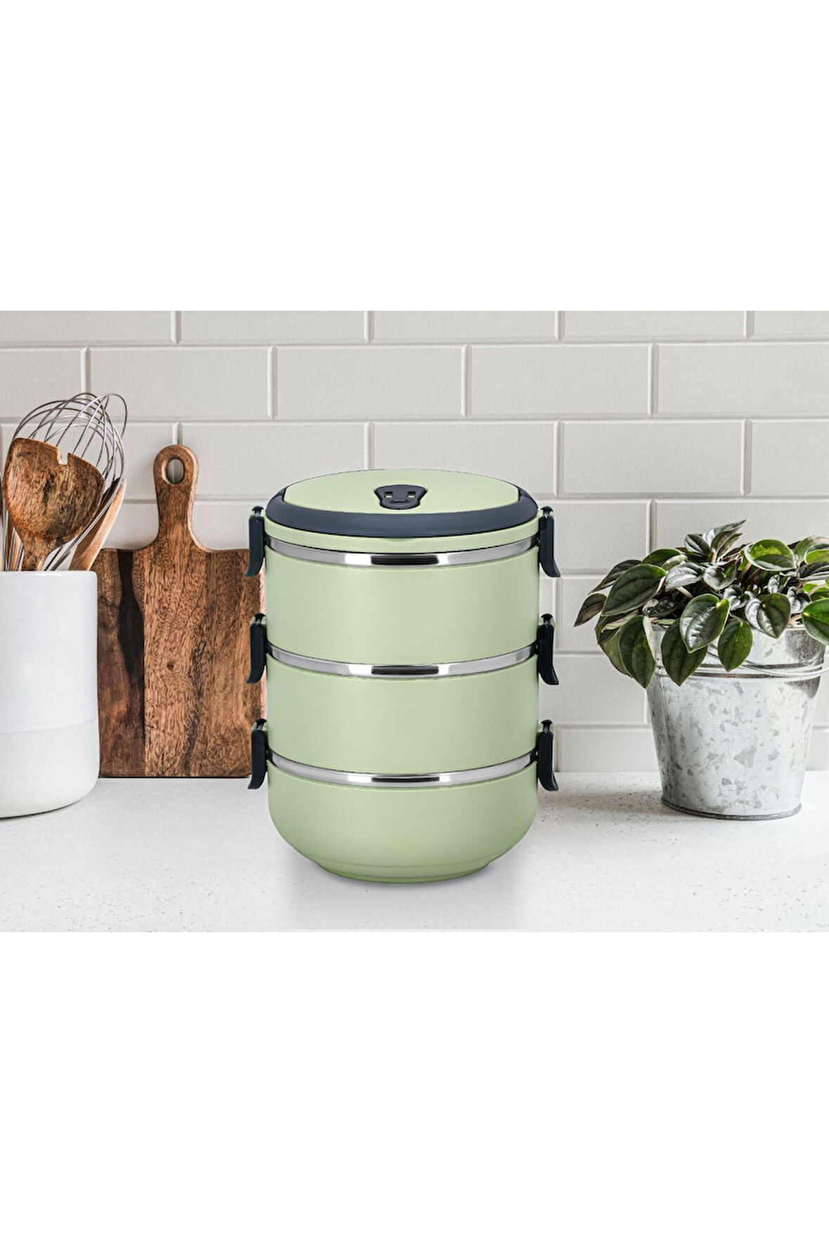 Penguen kulplu çelik sefer tası - yemek termosu saklama kabı 3 katlı yeşil