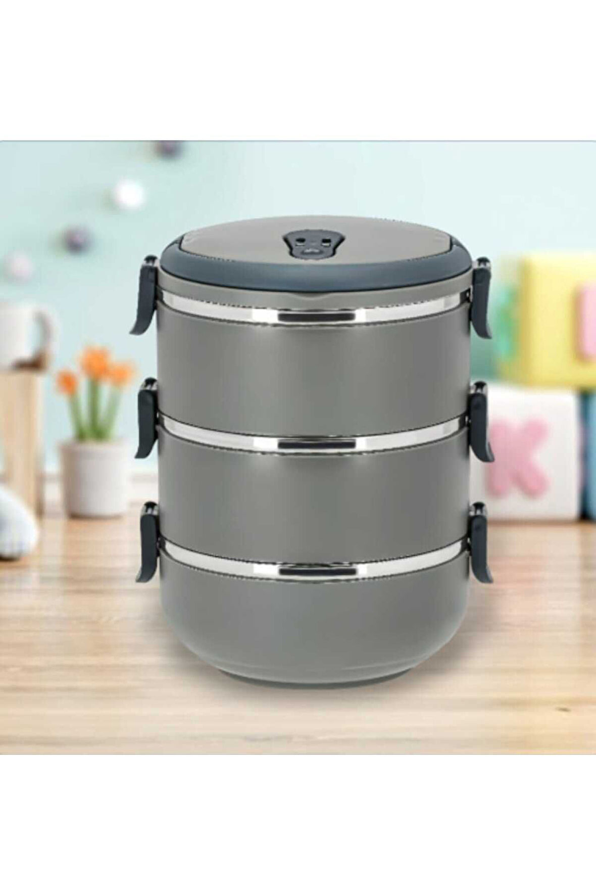 Penguen kulplu çelik sefer tası - yemek termosu saklama kabı 3 katlı gri