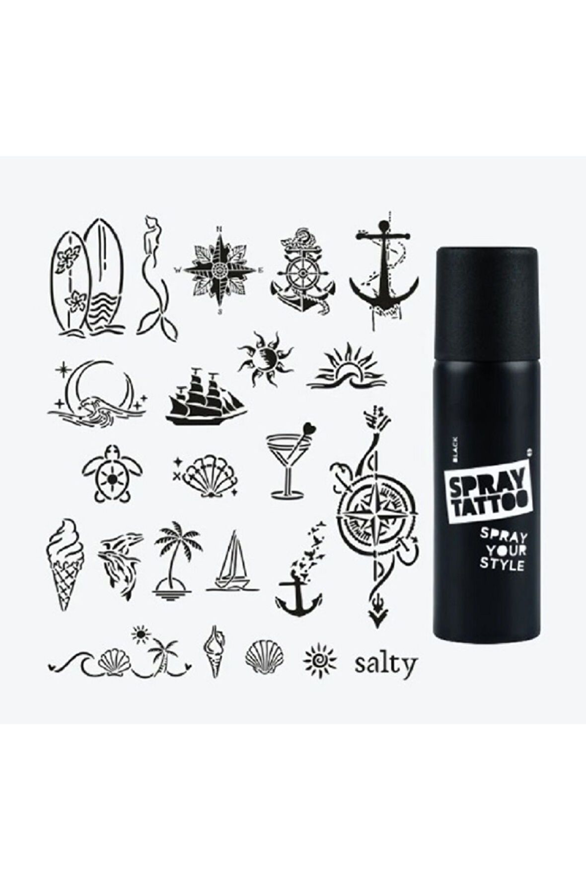 Sea Vibes City Pack Spray Tattoo Geçici Dövme Seti 23 Desen 1 Siyah Sprey