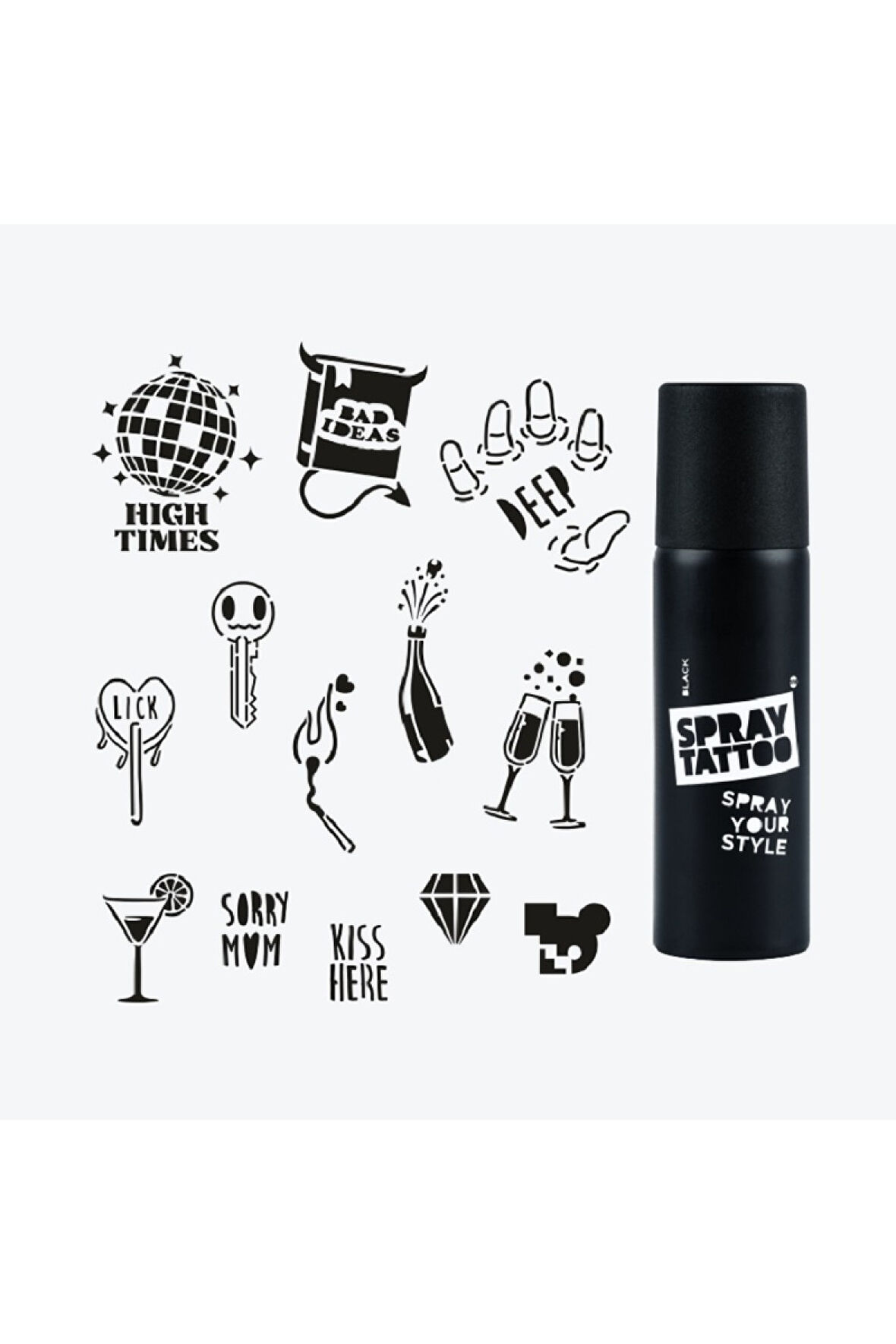 Ibıza City Pack Spray Tattoo Geçici Dövme Seti 13 Desen 1 Siyah Sprey