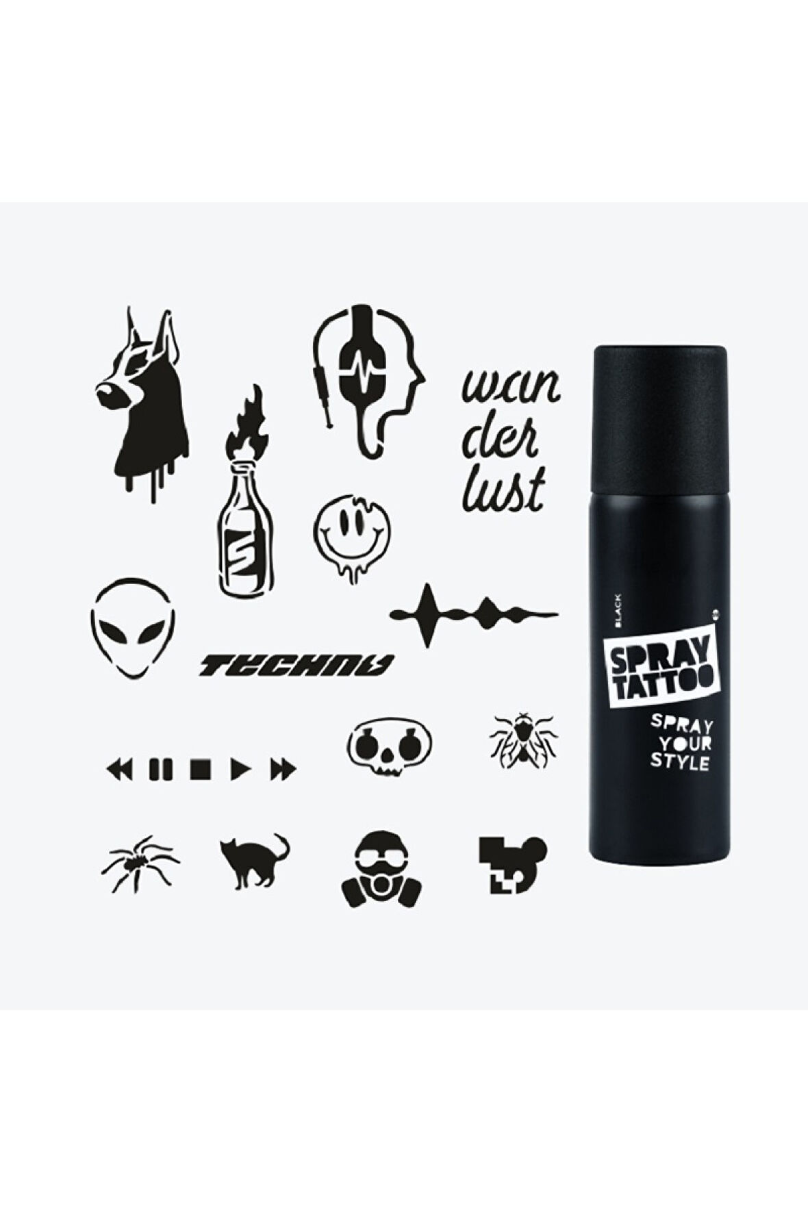 Berlin City Pack Spray Tattoo Geçici Dövme Seti 15 Desen 1 siyah sprey