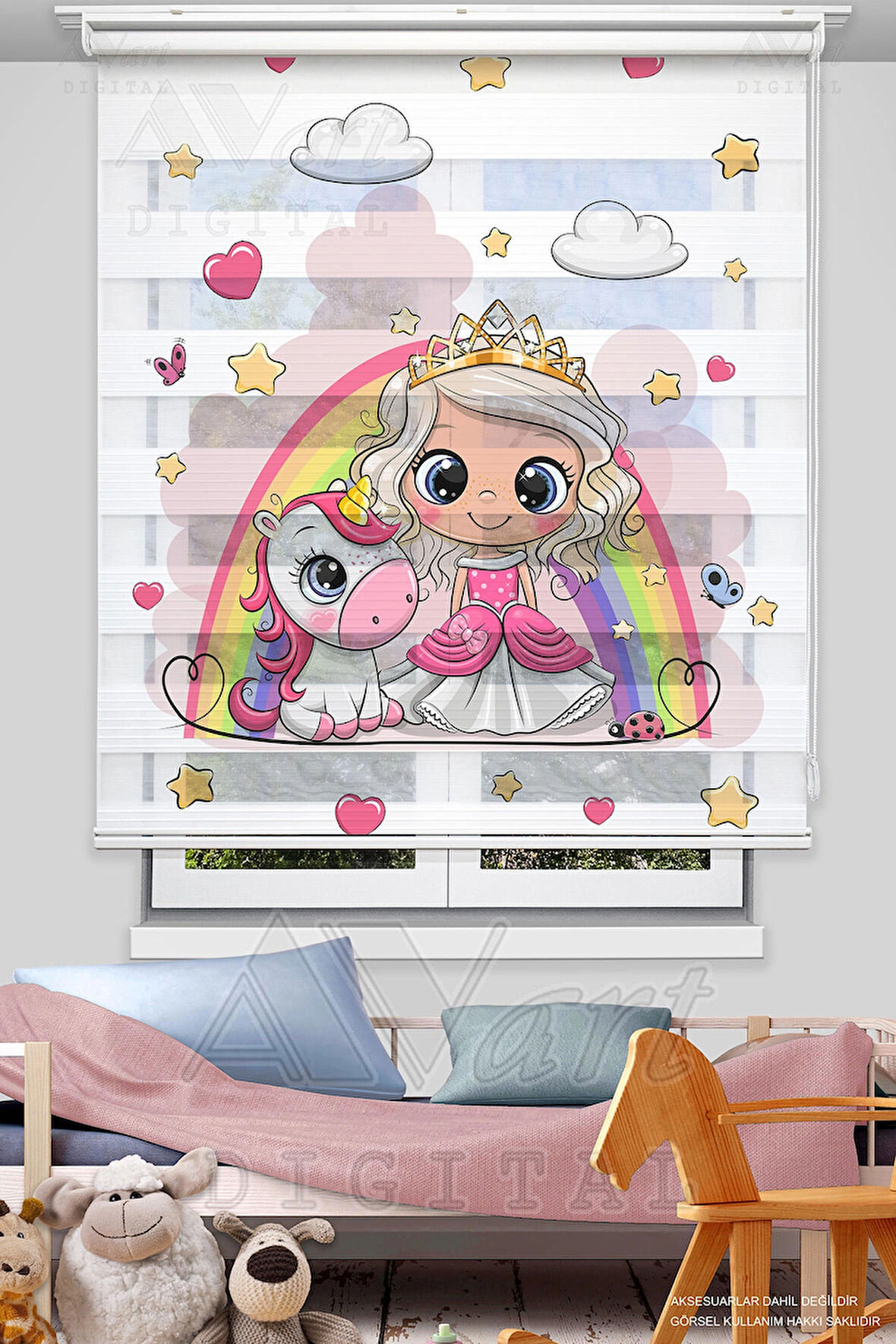 Minik Prenses ve Sevimli Unicorn Baskılı Çocuk Odası Perdesi - Dijital Baskılı Zebra Stor Perde