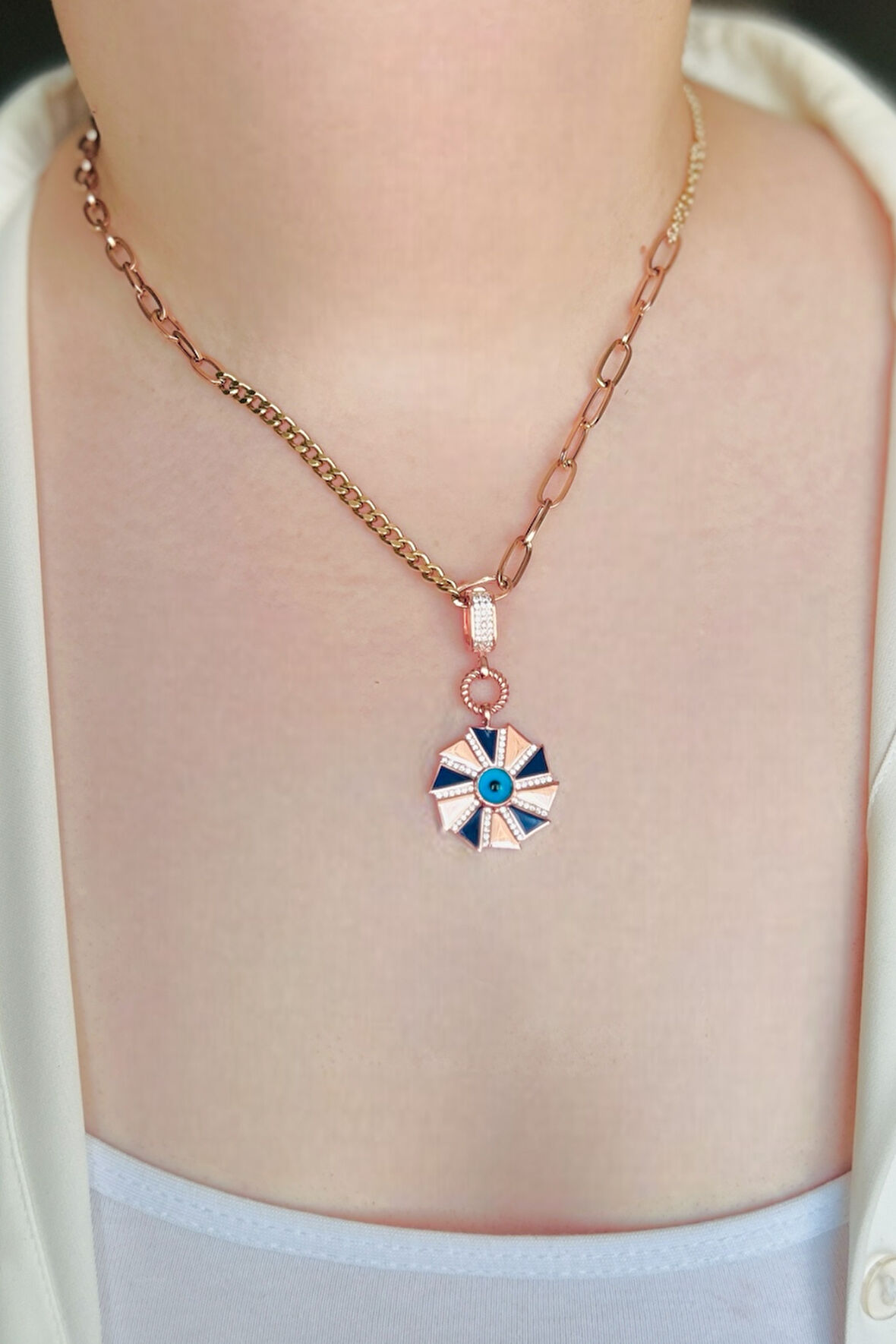 Lacivert Mineli Rüzgar Gülü Rose Klipsli Kolye Ucu & Ajda Bilezik Charm | 925 Ayar Gümüş