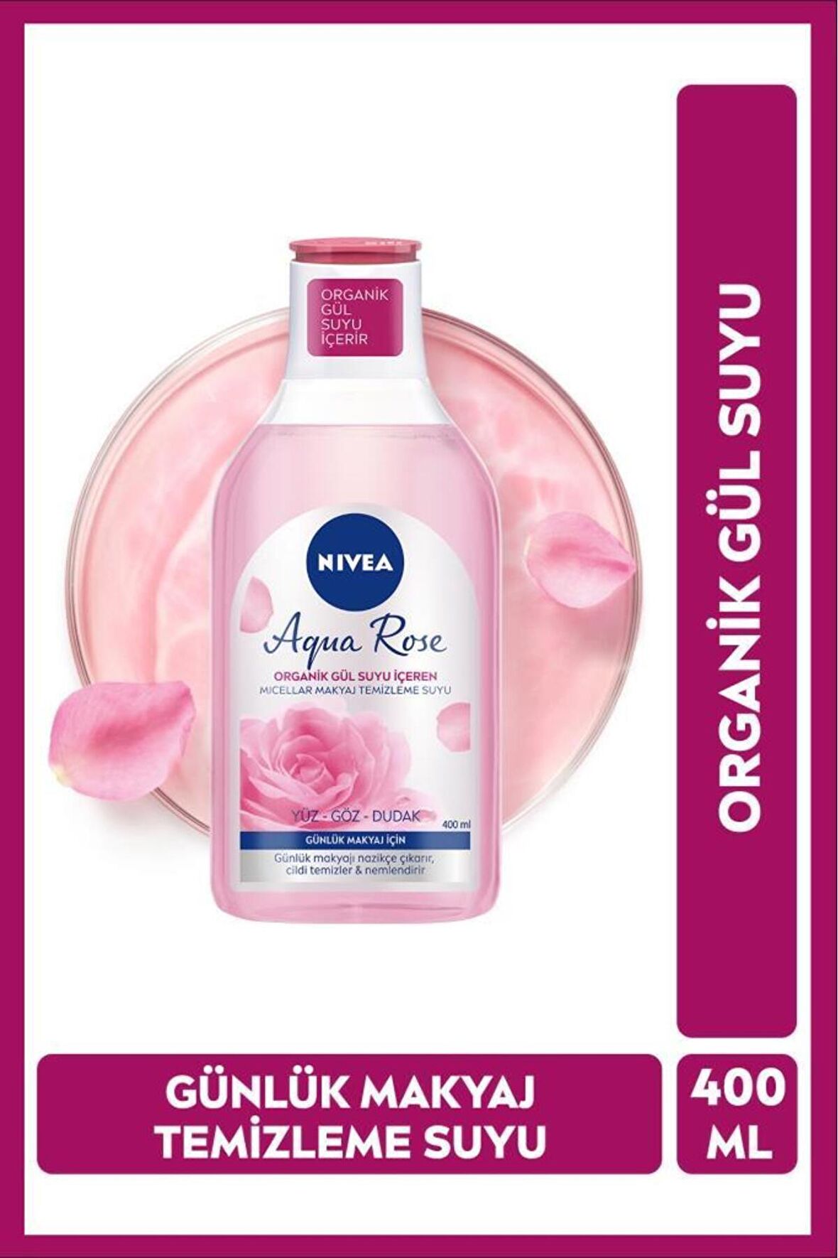 Nivea Aqua Rose Organik Gül Suyu İçeren Micellar Makyaj Temizleme Suyu 400ml, Günlük Makyaj, Nemlendirici