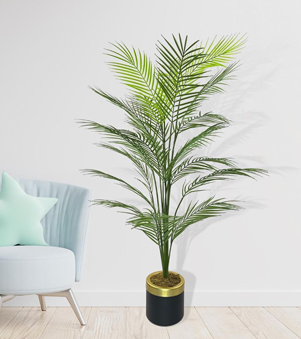 Yapay Ağaç Areka Ağacı Gold Halkalı Siyah Lüx Saksılı Palmiye Ağacı Salon Bitkisi 130 cm 20 Yaprak