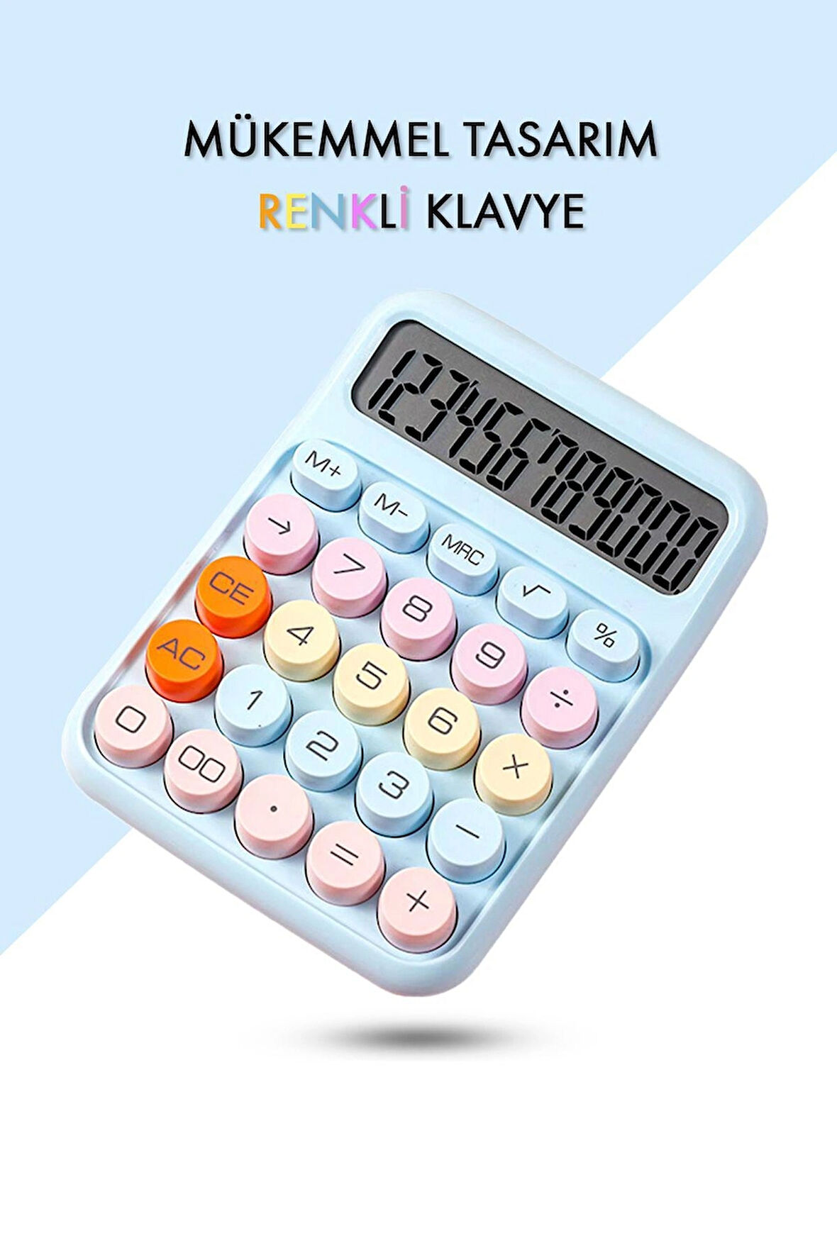  Renkli Hesap Makinesi - 12 Haneli Yuvarlak Tuşlu Mavi Renk Hesap Makinesi - 4 Fonksiyonlu