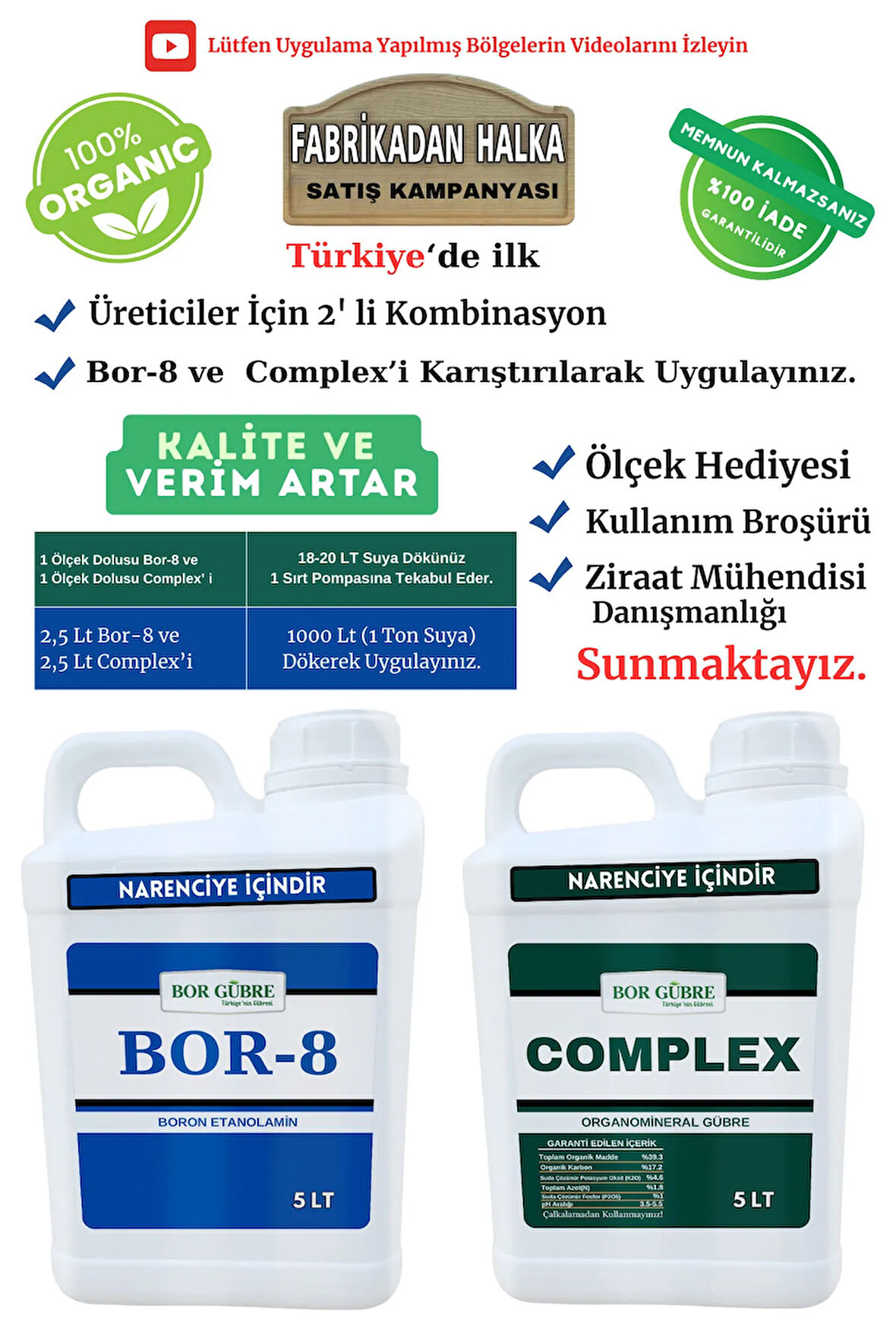 Şeftali-Kaysı-Vişne-Kiraz İçin Organik Gübre Complex- 5Lt ve Bor-8 5Lt Maksimum Kalite