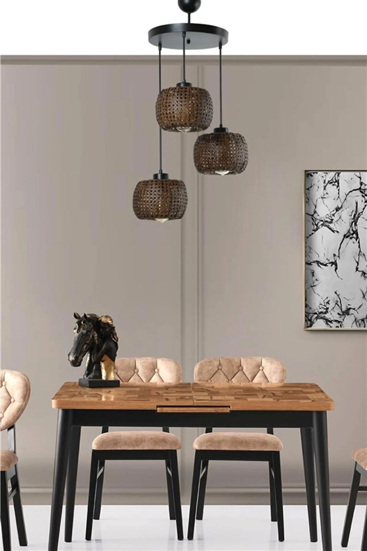 TIGER 3 LÜ TEPSİLİ CEVİZ RATTAN SARKIT