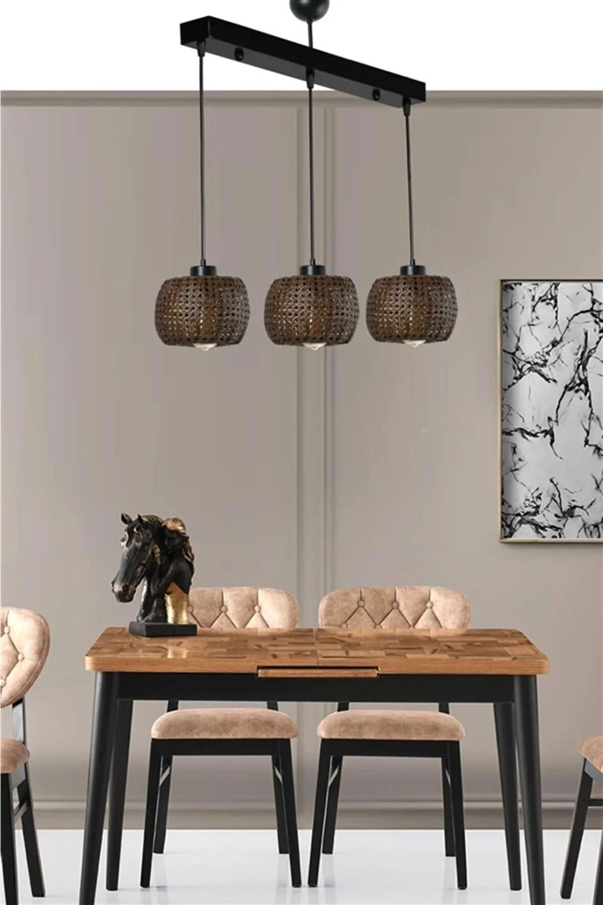 TIGER 3 LÜ SIRALI CEVİZ RATTAN SARKIT