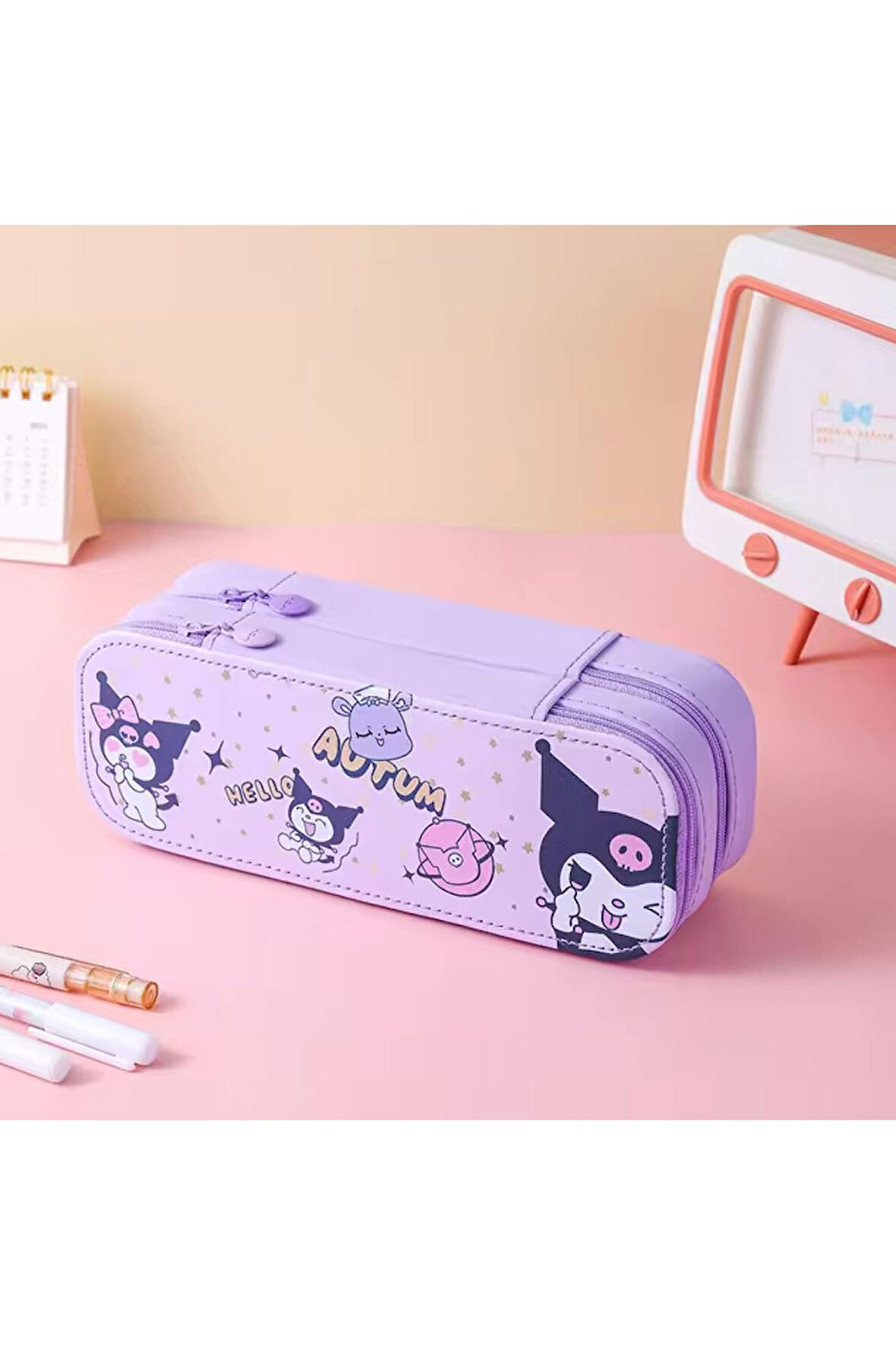 Kuromi Kawaii Kalem Kutu Çift Fermuarlı Çift Katlı Şirin Mor Kız Çocuk Kalem Kutu