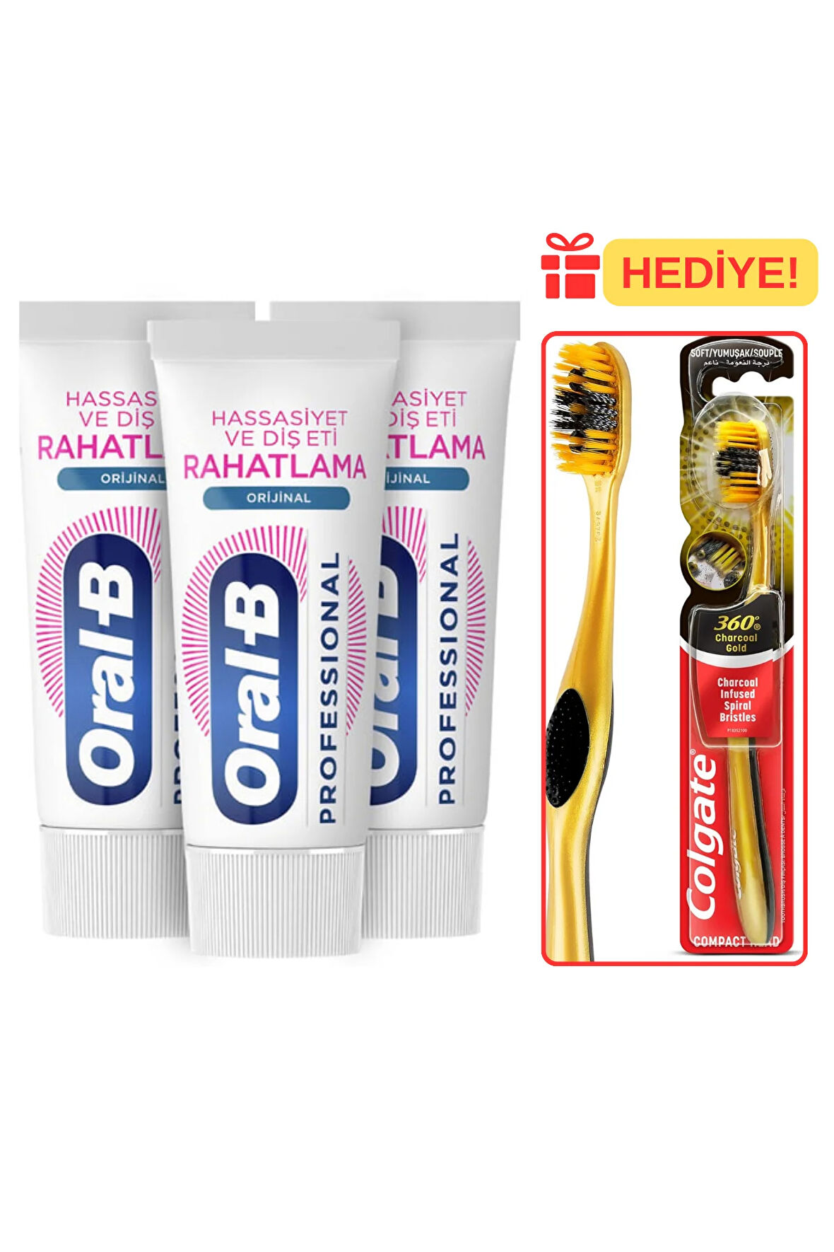 Oral-B Professional Hassasiyet ve Rahatlama Diş Macunu 50 ml x3 Adet + Colgate 360 Charcoal Gold Yumuşak Diş Fırçası HEDİYE!