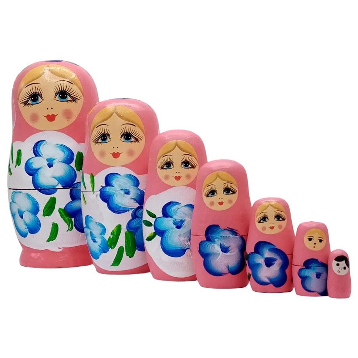 Ahşap Matruşka Bebek Yedili Set Pembe