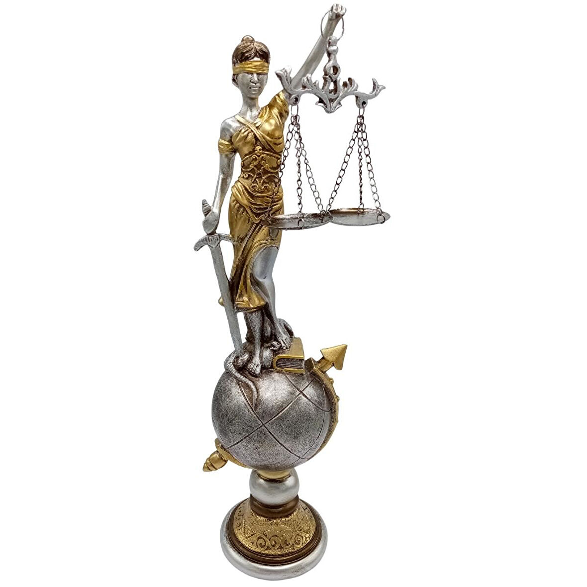 Themis Adalet Terazisi Heykeli ve Dünya Biblo Gümüş 37cm