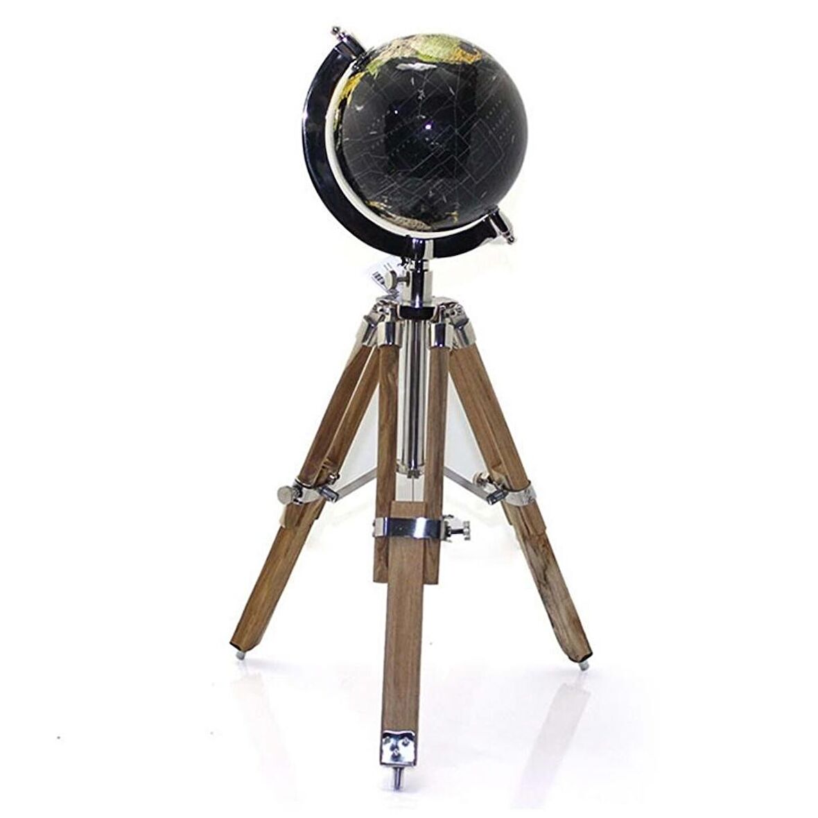 Ahşap Tripod Standlı Dünya Küre Zemin Dekoru Döner Dünya Küre Modern Harita Atlas 58cm Siyah