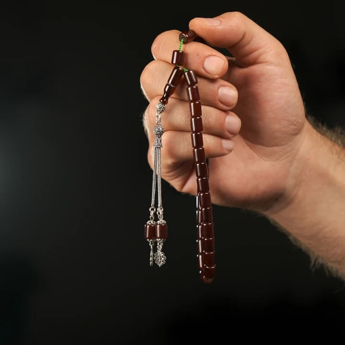 925 Ayar Gümüş Püskül Sıkma Kehribar Bordo Tesbih