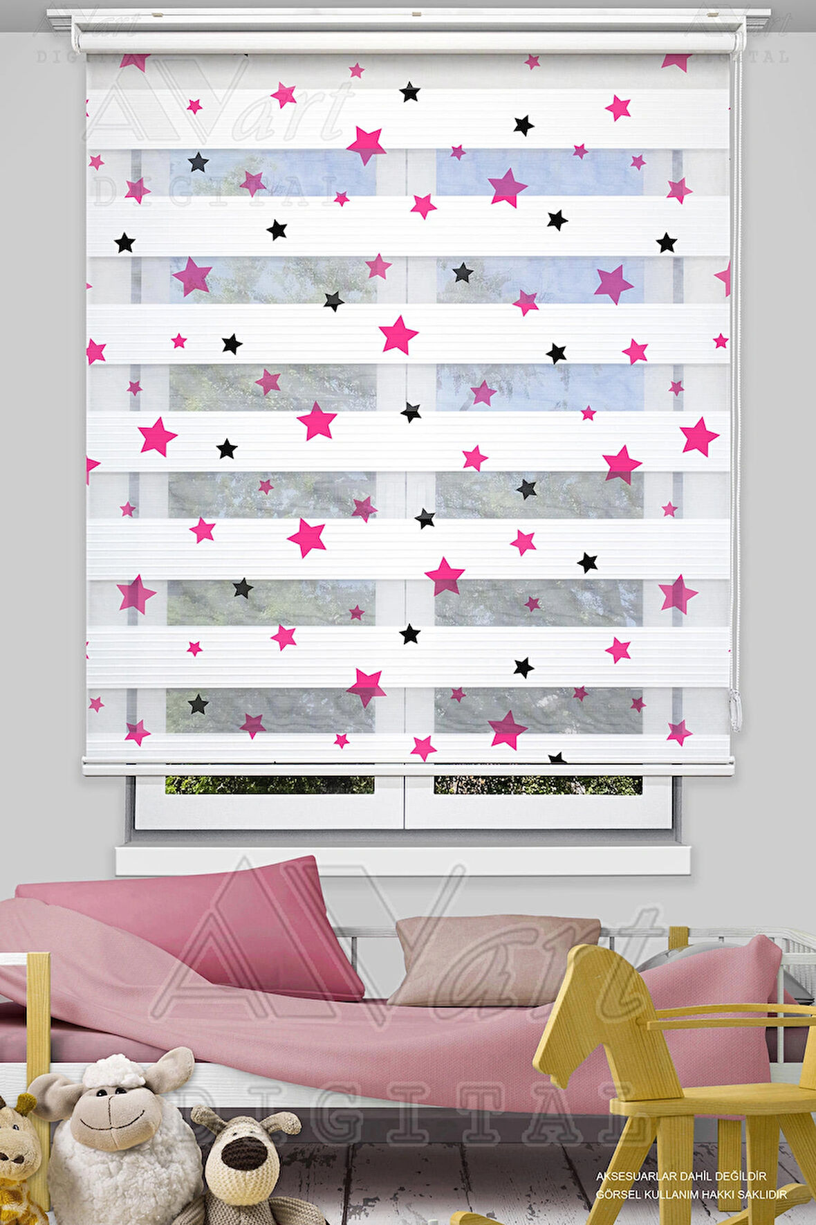 Pembe Siyah Yıldız Baskılı Çocuk Odası Perdesi - Dijital Baskılı Zebra Stor Perde