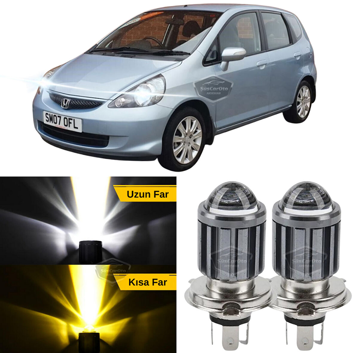 Honda Jazz 2001-2008 Uyumlu Mercekli Far Ampulü Led Xenon Çift Renk Sarı-Beyaz Far Şimşek Etkili CSP Led Lamba Uzun Kısa 2 Adet Takım