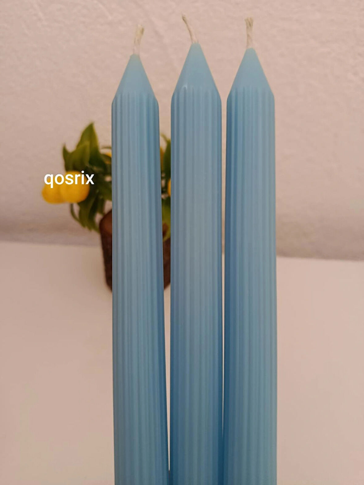 qosrix 3'lü Açık Mavi Şamdan Soya Mumu 1. Kalite Soya Doğal Pudra Kokulu Uzun Çubuk Konik Mum Dekoratif