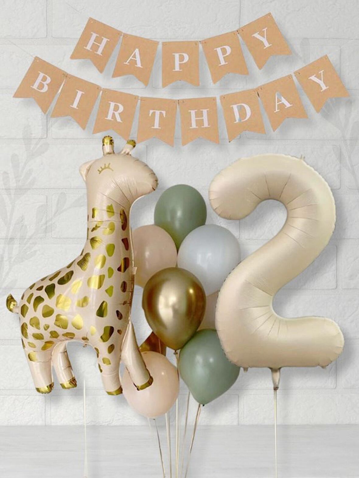 Krem 2 Yaş Rakam Balon Soft Kahve Renkler Zürafa Set  Kraft Happy Birthday Banner Parti Seti