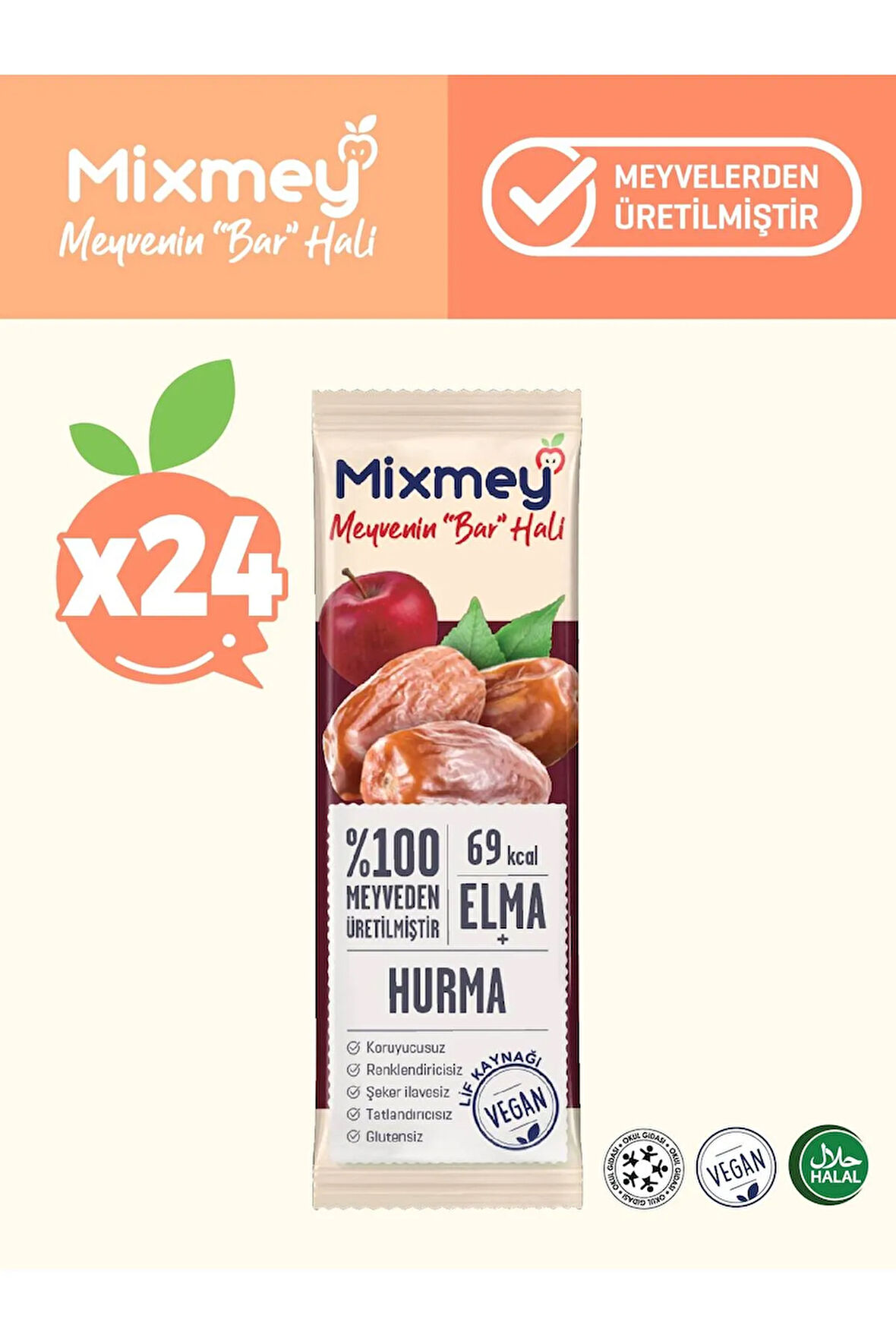 Mixmey Hurma Meyve Bar 24 Adet | Glutensiz, Vegan Sağlıklı Atıştırmalık - 20gr X 24 Adet