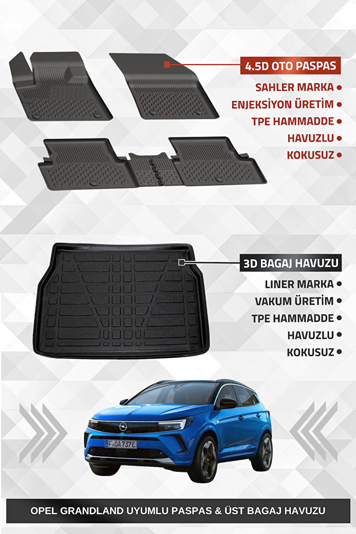 Sahler Opel Grandland 2017-2024 Uyumlu 4.5D Premium Havuzlu Oto Paspas ve Liner Marka 3D ÜST Bagaj Havuzu - Grandland
