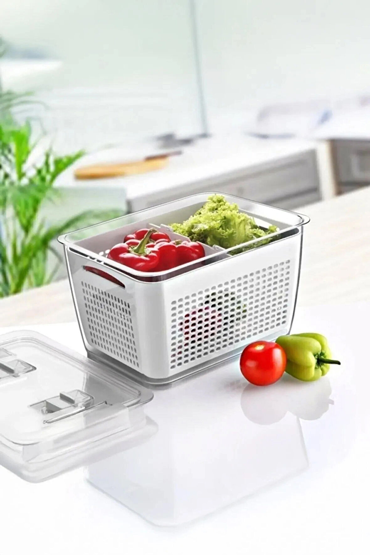 Arar Home 2'li 2,5 Litre Beyaz Süzgeçli Bölmeli Organizer Buzdolabı Hava Geçirmez Saklama Kabı