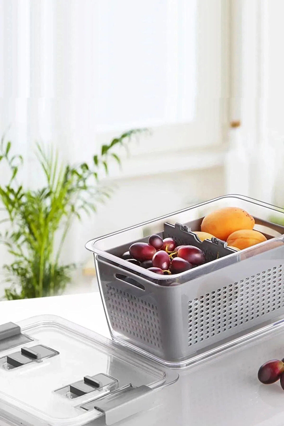 Arar Home 5 Litre Gri Süzgeçli Bölmeli Organizer Buzdolabı Hava Geçirmez Saklama Kabı