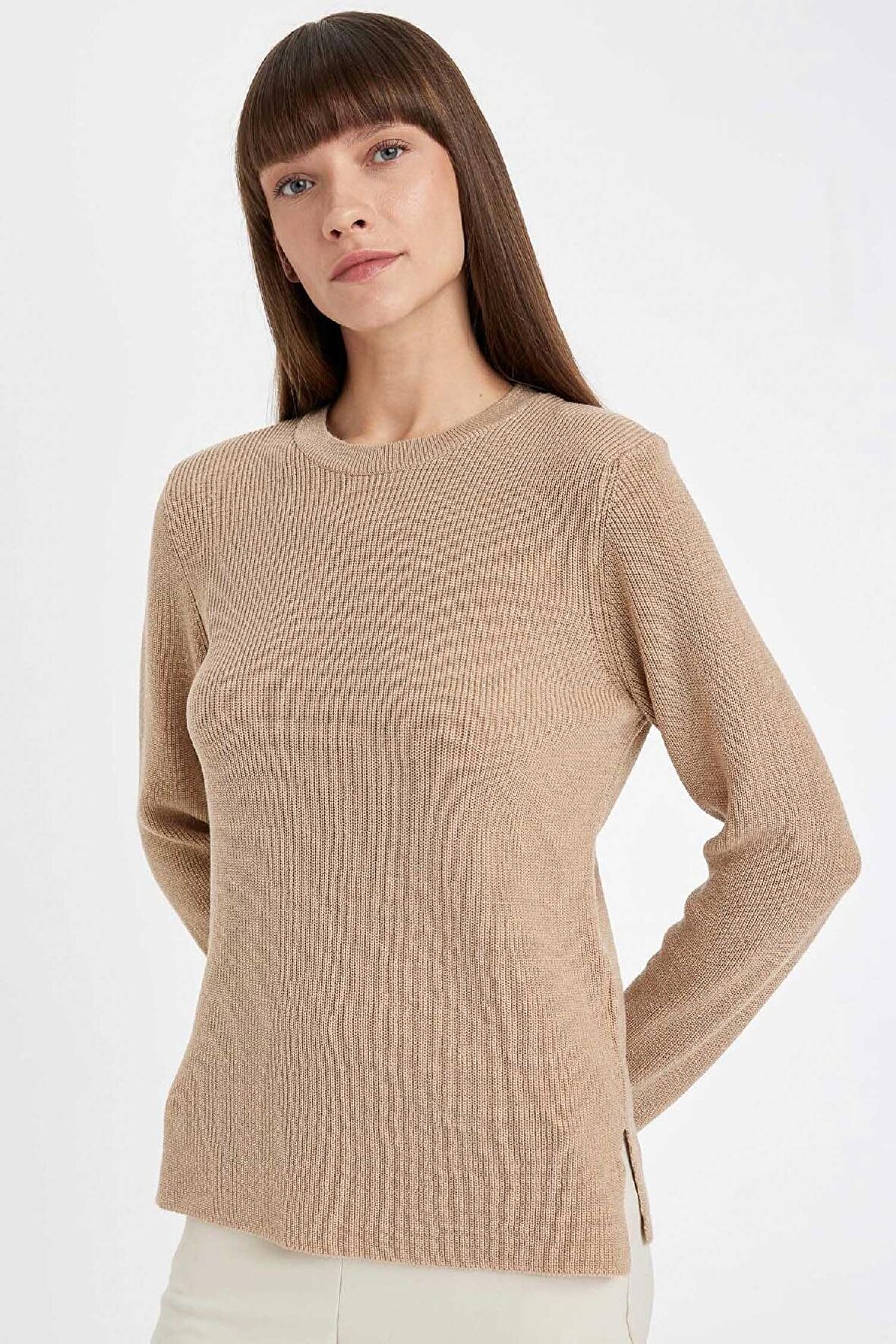DeFacto Regular Fit Bisiklet Yaka Simli Kumaş Triko Kazak D0405AX24WNBG647