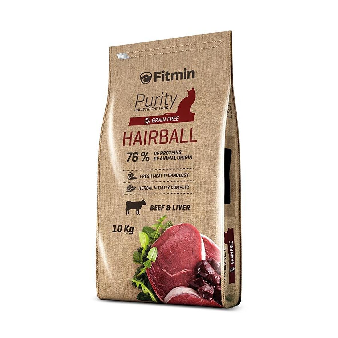 Fitmin Purity Hairball Taze Sığır Etli ve Ciğerli Tahılsız Yetişkin Kedi Maması 10 Kg