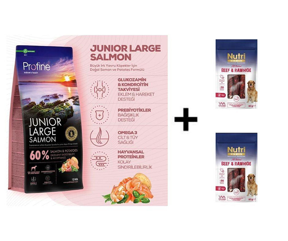 Profine Junior Large Glutensiz Büyük Irk Somonlu Yavru Köpek Maması 12 kg + 2 Adet Nutri Canin Rawhide Dana Eti Sarılı Kemik Köpek Ödülü 80 Gr