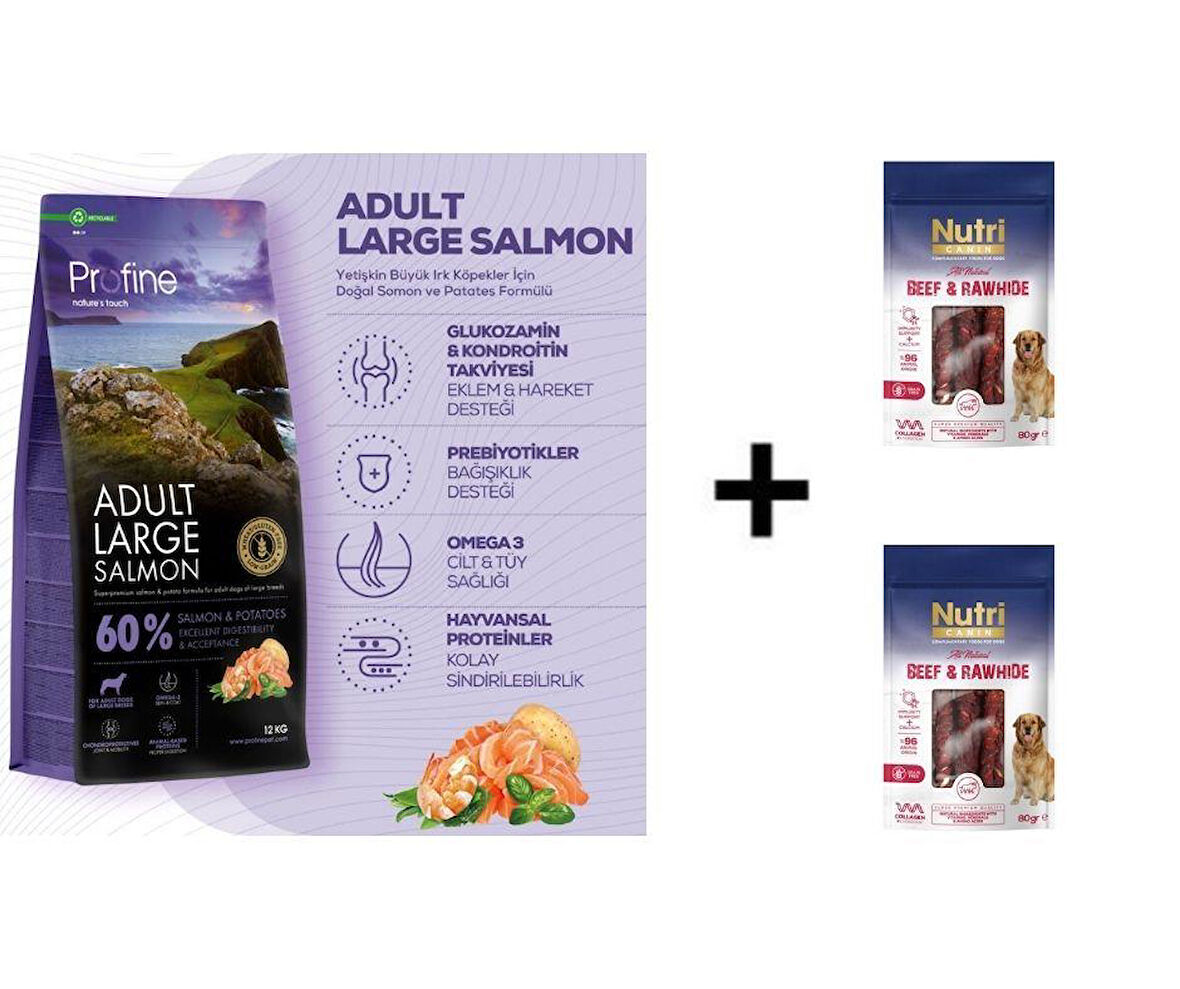 Profine Large Salmon Glutensiz Somonlu Büyük Irk Yetişkin Köpek Maması 12 kg + 2 Adet Nutri Canin Rawhide Dana Eti Sarılı Kemik Köpek Ödülü 80 Gr