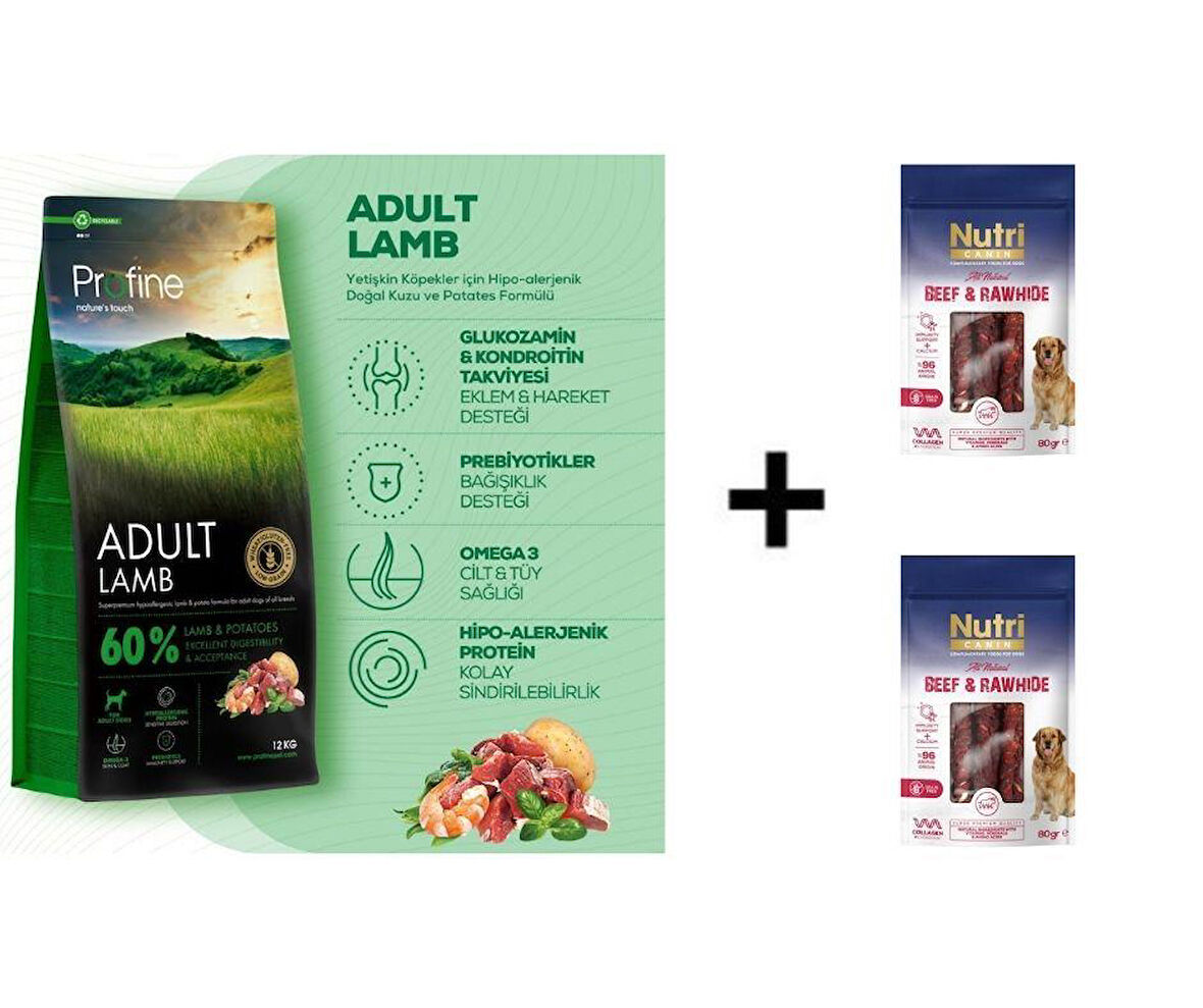 Profine Lamb Glutensiz Kuzulu Yetişkin Köpek Maması 12 kg + 2 Adet Nutri Canin Rawhide Dana Eti Sarılı Kemik Köpek Ödülü 80 Gr