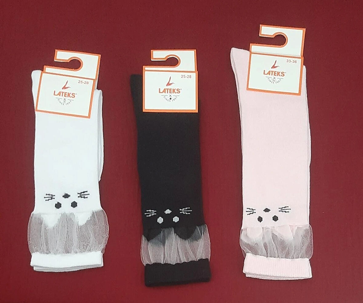 Kız Çocuk Dizaltı Kedi Desenli Okul Çorabı 33-36 Ayak Numarası 3'lü Paket