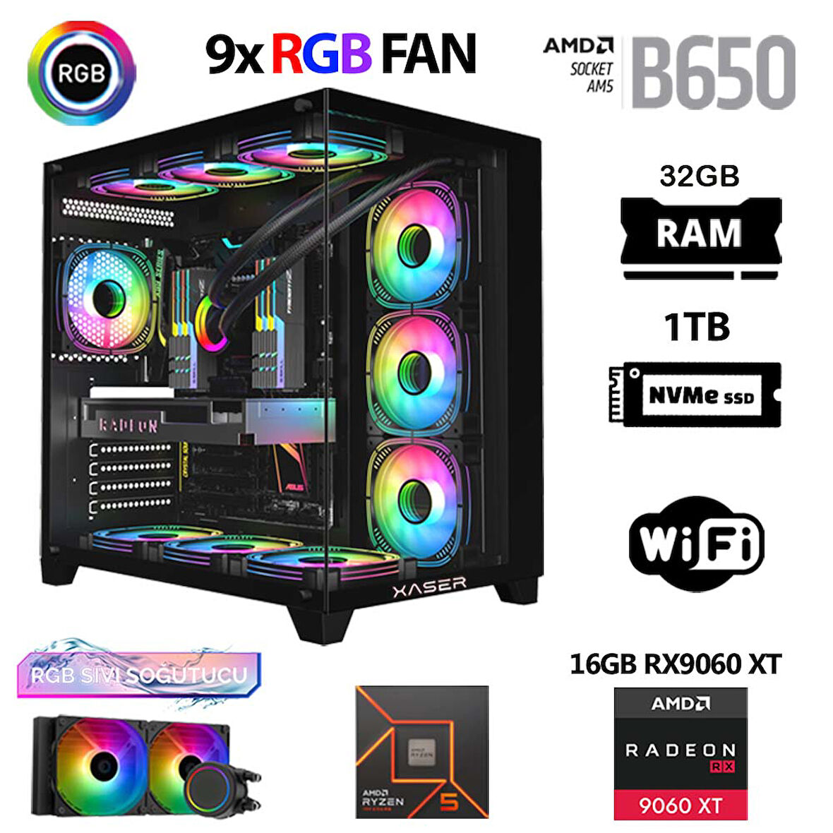 Xaser Lexus x760 Ryzen 5 7500F 32GB DDR5 Ram 1TB M.2 NVMe SSD 16GB RX9060 XT Sıvı Soğutmalı Masaüstü Oyuncu Bilgisayarı