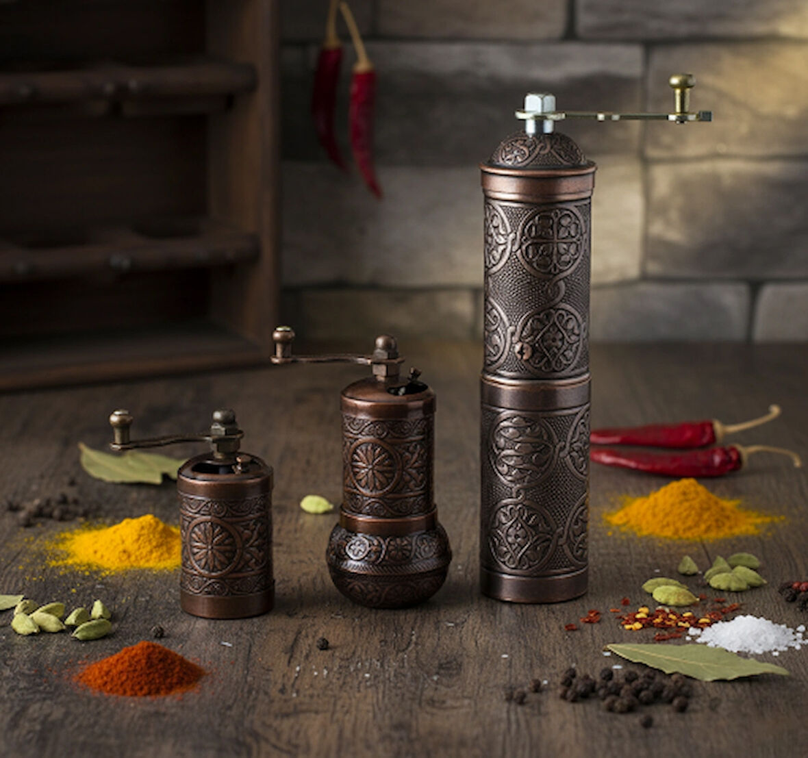 LUDIA Zamak Metal Bakır Renk 3 lü Set Karabiber,Kahve,Çörek Otu El Değirmeni Öğütücü Grinder S2