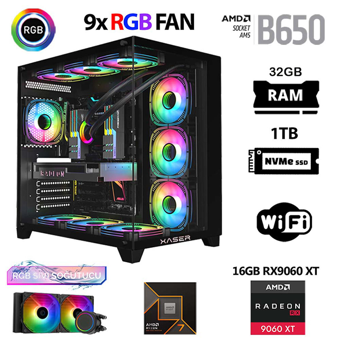 Xaser Lexus x780 Ryzen 7 7800X3D 32GB DDR5 Ram 1TB M.2 NVMe SSD 16GB RX9060 XT Sıvı Soğutmalı Masaüstü Oyuncu Bilgisayarı