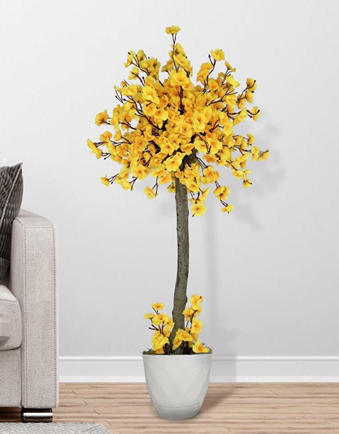 Yapay Ağaç Sarı Bahar Dalı Japon Kiraz Çiçeği Beyaz Saksılı 90cm