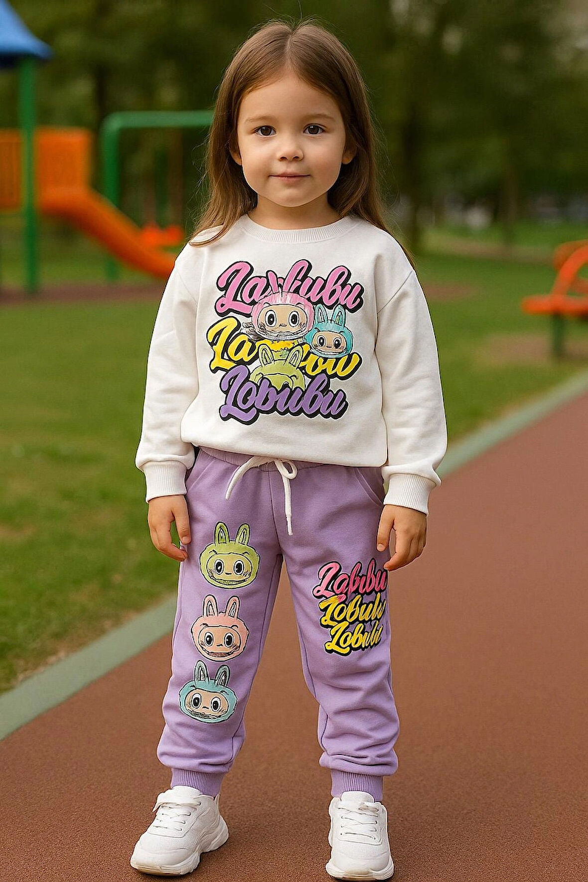 Kız Çocuk Renkli Baskılı Sweatshirt ve Eşofman Takımı – Mor Alt, Krem Üst